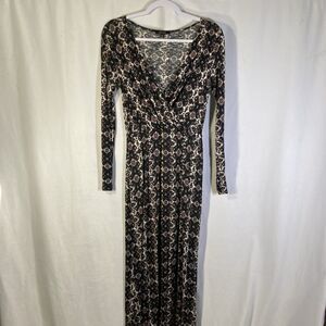 ELLA MOSS black white red geometric surplice rayon jersey knit maxi dress S